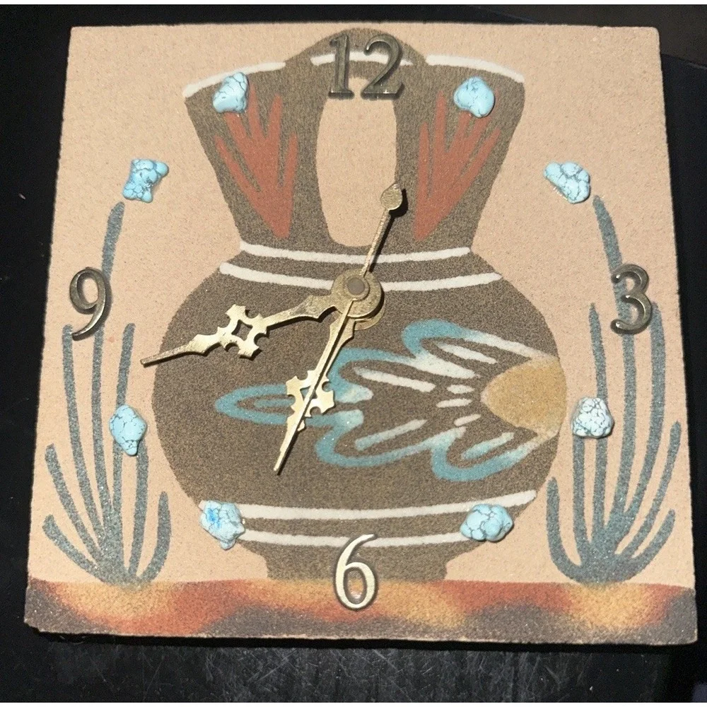 Southwestern Sand Art Wall Quartz Clock Turquoise-Look Accents Desert Pottery